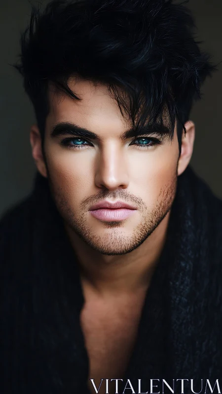 Intense blue-eyed male portrait in dramatic close-up lighting.