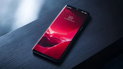 Modern Smartphone with Red Abstract Wallpaper Display.