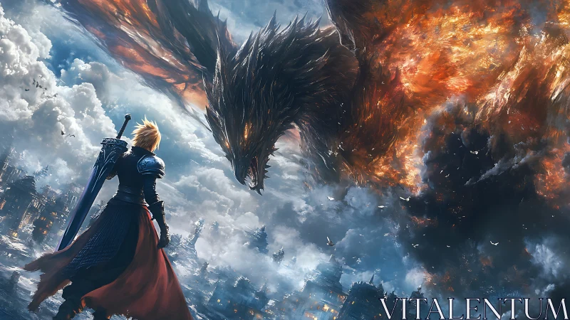 Armored swordsman confronts massive fire-infused dragon over city ruins
