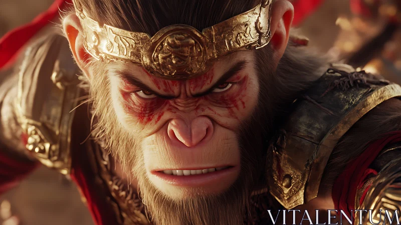 Fierce warrior monkey king glares forward in molten light