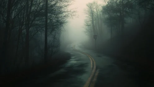 Foggy wet forest road curving through dense morning mist.