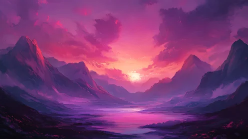 Radiant violet sunset bathes tranquil mountain valley lake.