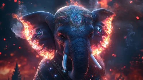 Mythic cosmic elephant with burning ears in glowing night