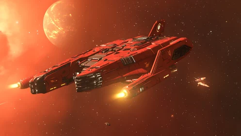 Red spacecraft in orange nebula with secondary small vessels.