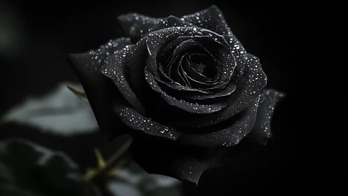 Close-up view of a black rose with water droplets present.