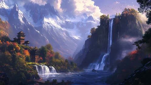 Mountain temples overlook twin cascading waterfalls at dusk.