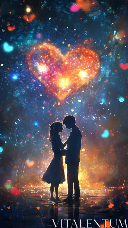 Silhouetted couple beneath luminous heart-shaped light formation