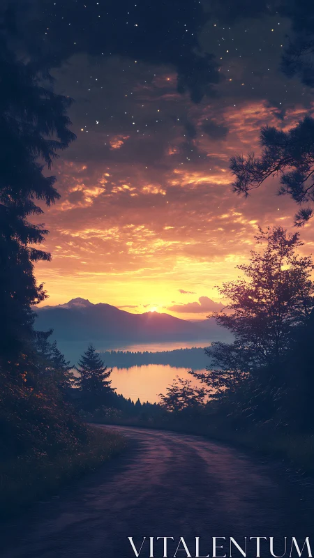 Twisting forest road drifts toward a molten lavender sunset