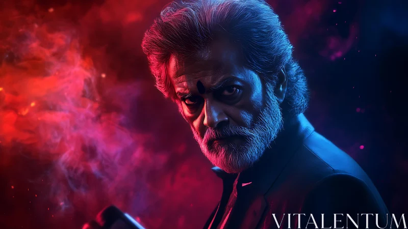 Older man is lit by contrasting red and blue colored lights