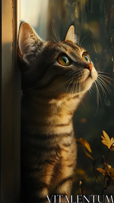 Golden-eyed tabby cat gazes upward in warm window light.