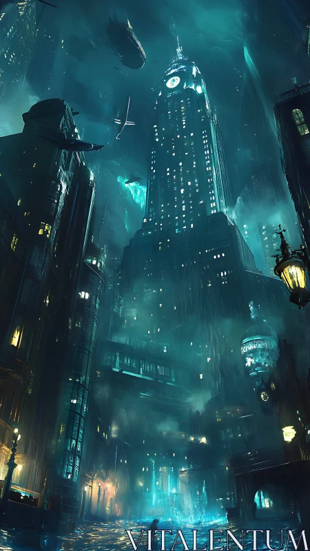 Flooded neon city with towering clocklit skyscraper.