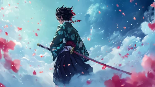 Samurai swordsman stands in drifting petals above luminous clouds