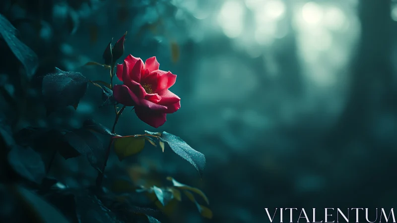 Midnight forest hush lets a single crimson rose speak softly