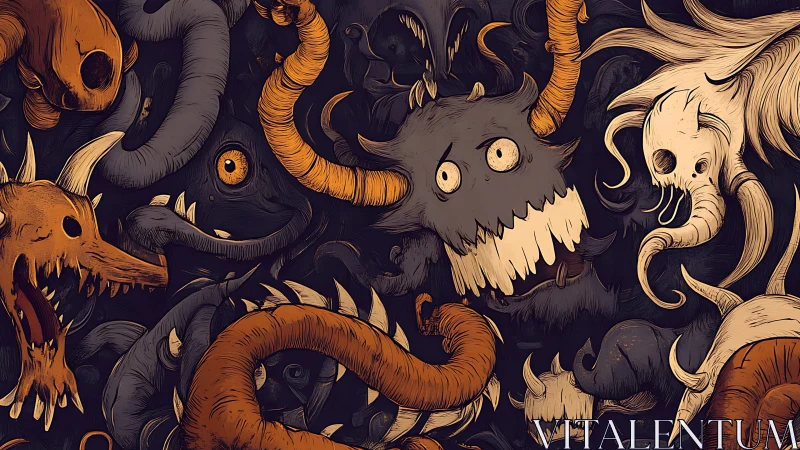 Grotesque horned creatures interwoven in chaotic nocturnal swarm.