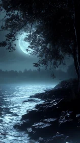 Nocturnal lakeshore under full moon with cinematic contrast.