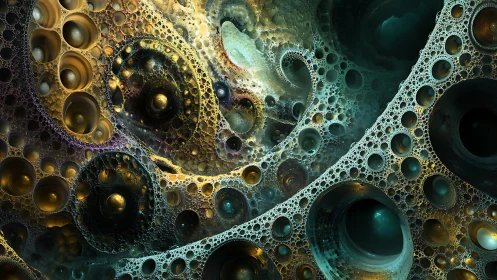 Fractal bubble caverns with iridescent teal and gold light.