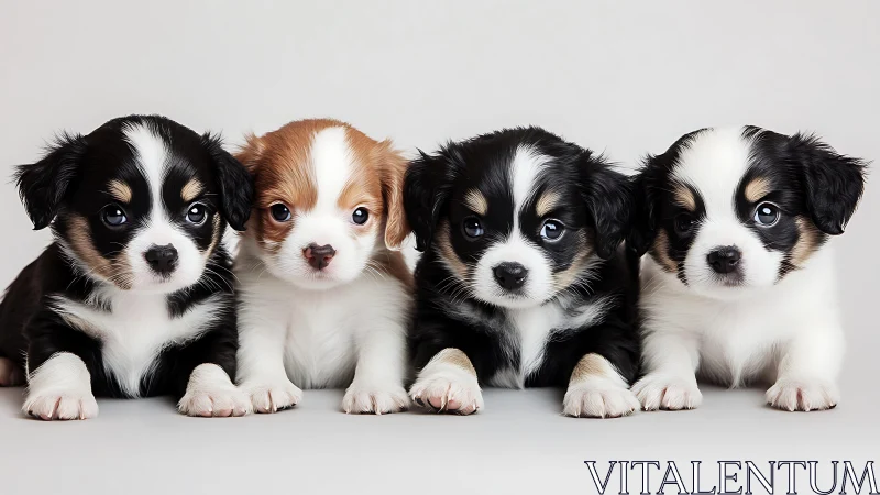 Symmetric studio portrait of four tricolor spaniel puppies.
