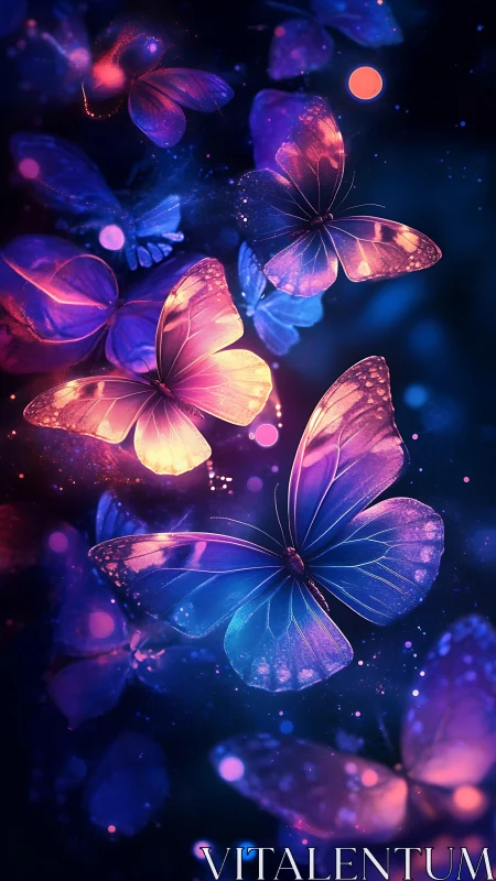 Glowing neon butterflies drift softly through a cosmic night
