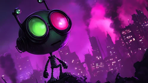Neon-eyed robot surveys a cyberpunk ruin in magenta haze