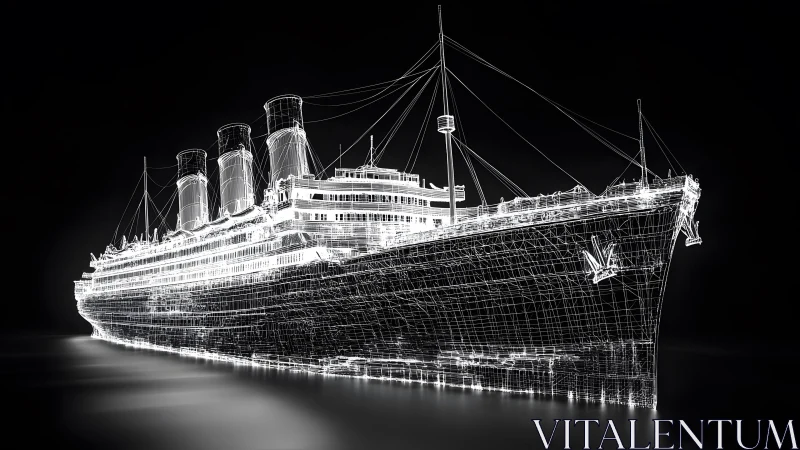 Futuristic Wireframe Ocean Liner Render on Black Background.