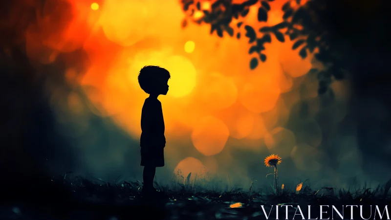 Silhouetted child profile facing single flower at sunset.