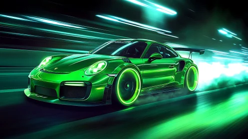 Neon green sports car races through a futuristic night tunnel