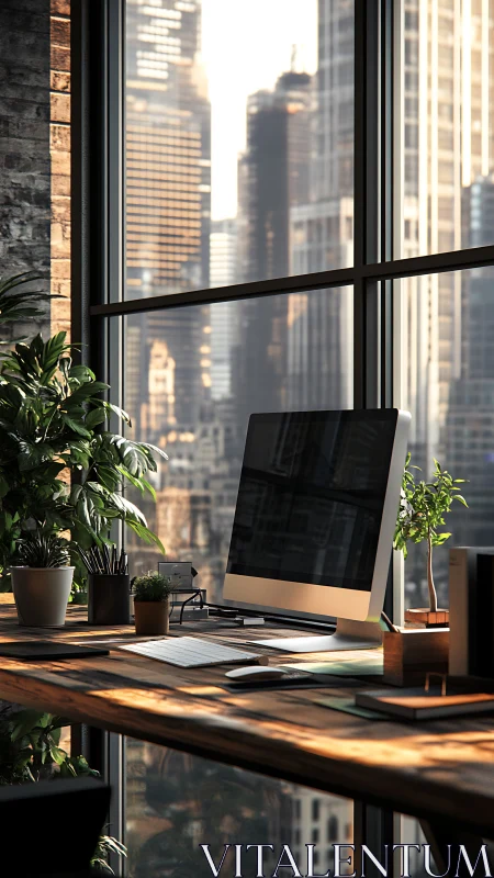 Desktop computer stands before high-rise windowed skyline view