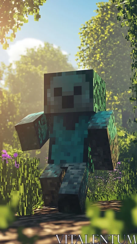 Blocky blue game character running through forest path.
