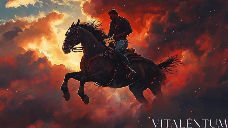 Rider on dark horse leaps through burning storm sky