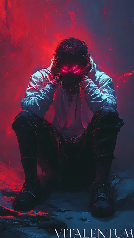 Hooded figure seated in red and blue illuminated environment.