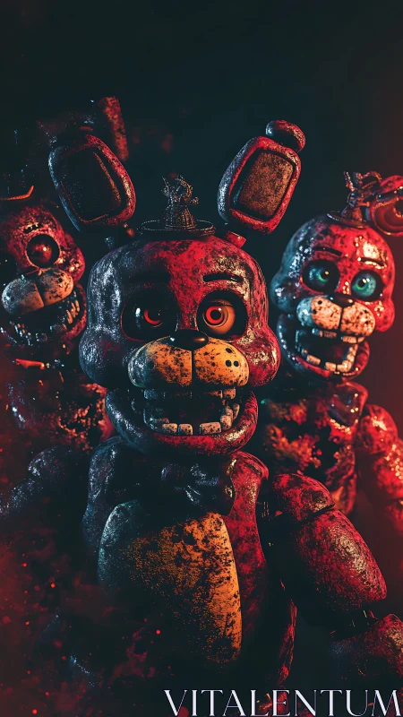 Rust-bitten robot bunnies grin through the smoldering dark