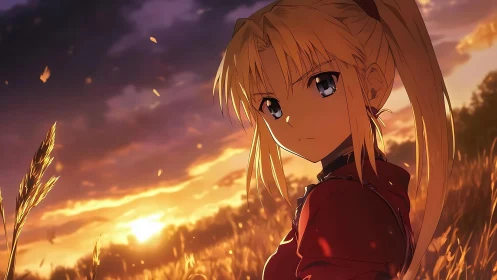 Backlit anime portrait in golden-hour wheat field under storm clouds