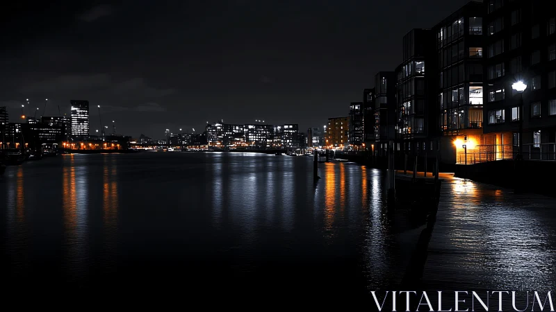 Harborfront lights glimmer over calm midnight city water.