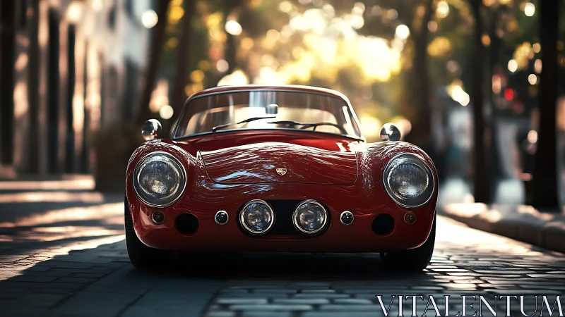 Red vintage sports coupe on sunlit cobblestone street front