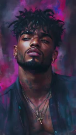 Moody digital portrait of tattooed man in neon magenta ambiance