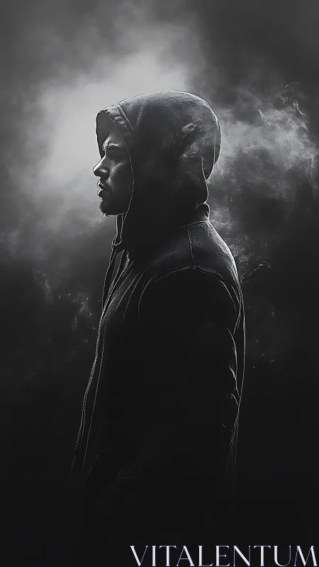 Hooded figure in profile emerging from cinematic smoke.