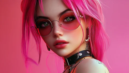 Digital neon portrait with pink-haired alt fashion focus.