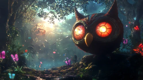 Glowing-eyed owl guardian watches over a dreamlit forest realm