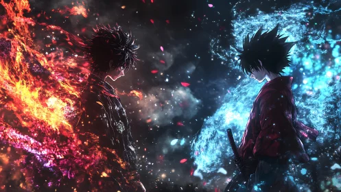 Dueling anime warriors weave fire and ice in cosmic standoff.