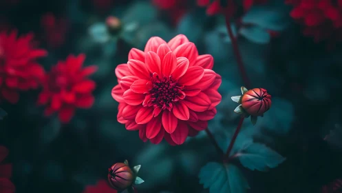 Red dahlia in botanical focus with unfocused background elements.
