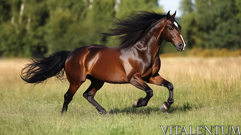 Sunlit chestnut stallion streaks like thunder over meadow.