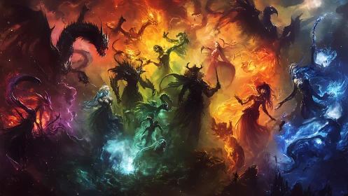 Elemental fantasy battle with dragons and spectral warriors.