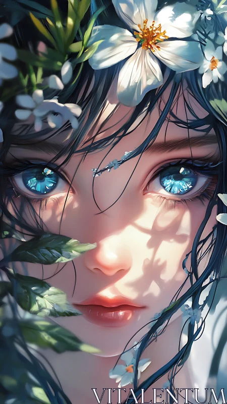 Digital portrait of young face framed by white flowers.