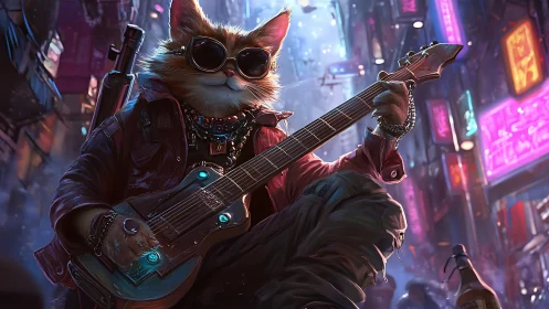 Cyberpunk street cat playing electric guitar at night.