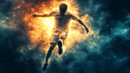 Digital soccer striker leaping through blazing cosmic fire.