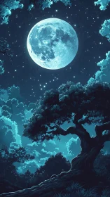 Moon-drenched forest dreaming beneath a colossal silver sky.