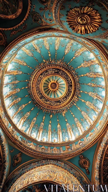 Radially symmetric turquoise mosque dome with dense gilded arabesques