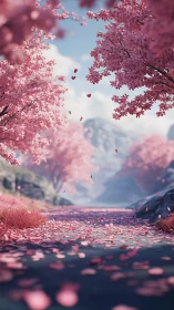 Procedural cherry blossom ravine with depth-of-field simulation.