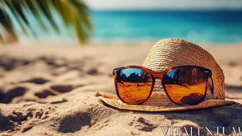 Straw sunhat and amber sunglasses on golden beach sand.