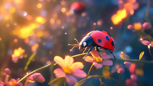 Ladybug on pastel flowers in soft glowing garden scene.